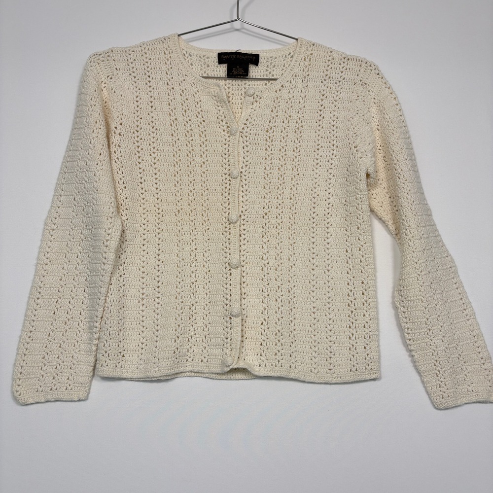 Babette Ballinger Women Cardigan Small Ivory Crochet Ramie Cotton Knit Sweater